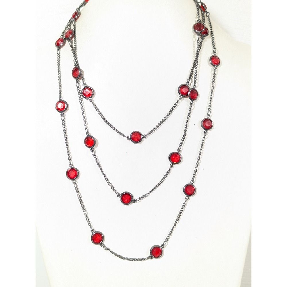 Deep Red Round Bezel Very Long 70" Station Chain Necklace Gray Metallic‎